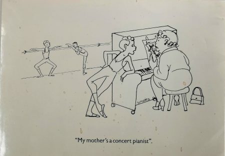 Cartoon by Marlene Spiers of a ballet pianist 